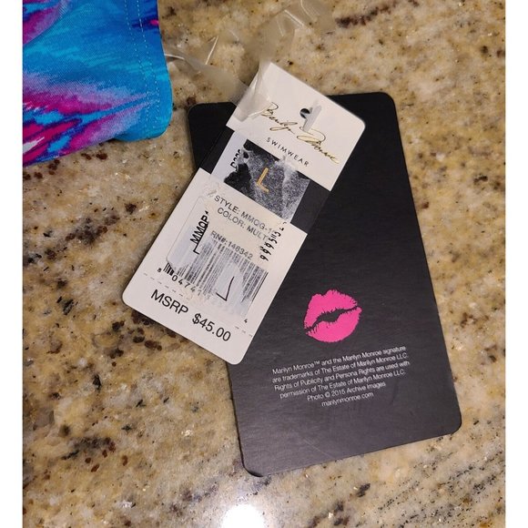 NEW Marilyn Monroe Swim Size L Two Piece Bikini Strappy Halter Blue Pink Chevron - Picture 4 of 10